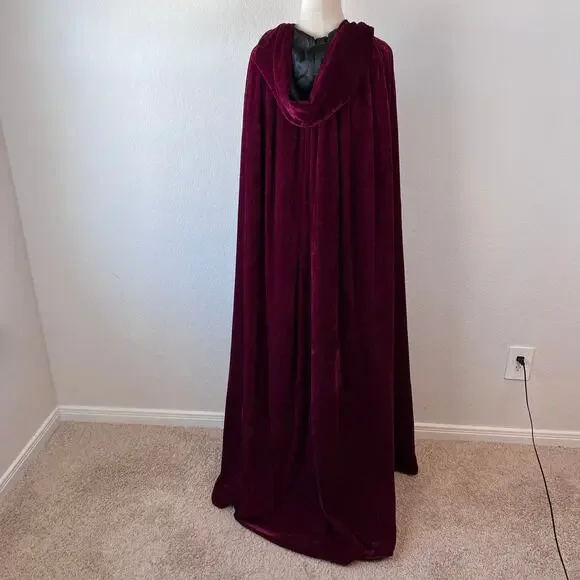 Vampire Halloween Costume Velvet Cloak Cape Hood Burgundy Red One Size Gothic - Picture 10 of 12